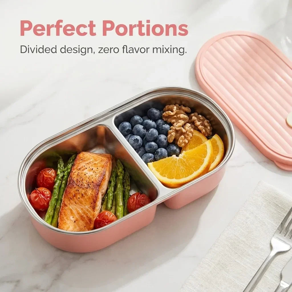 2-Grid Bento Lunch Box – Portable Stainless Steel Divided Food Container for Kids & Students, 800ml .