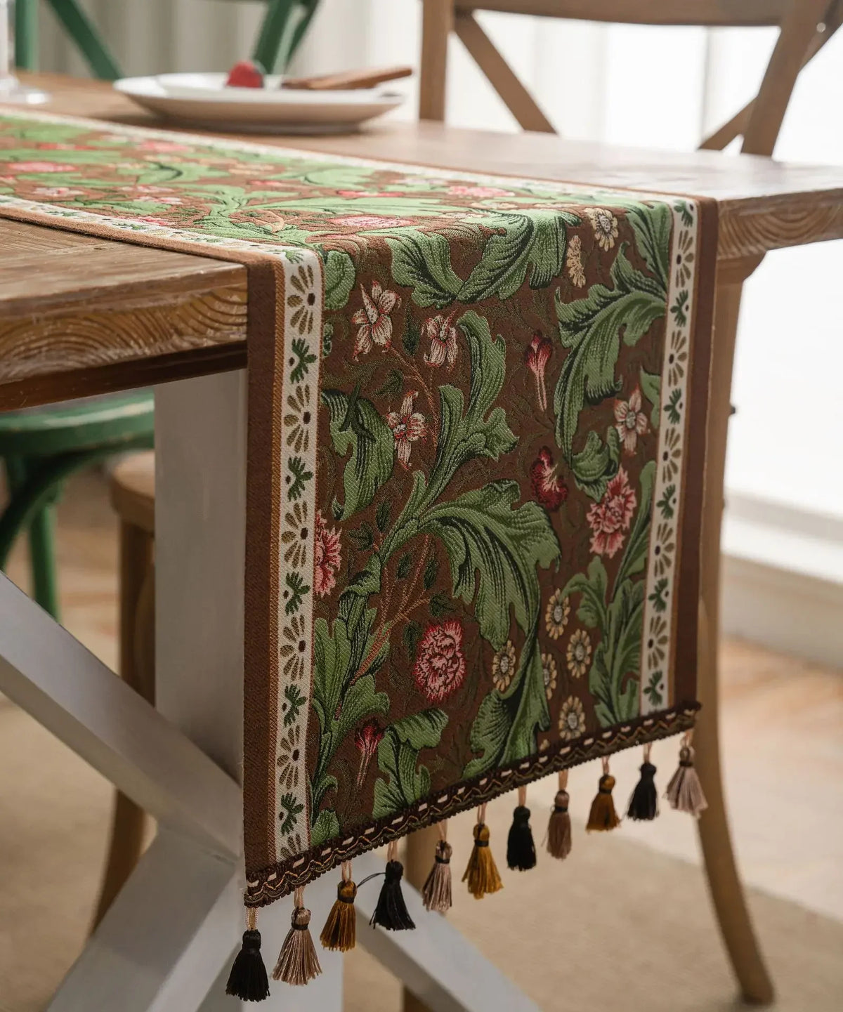 Floral Plant Table Runner with Tassels