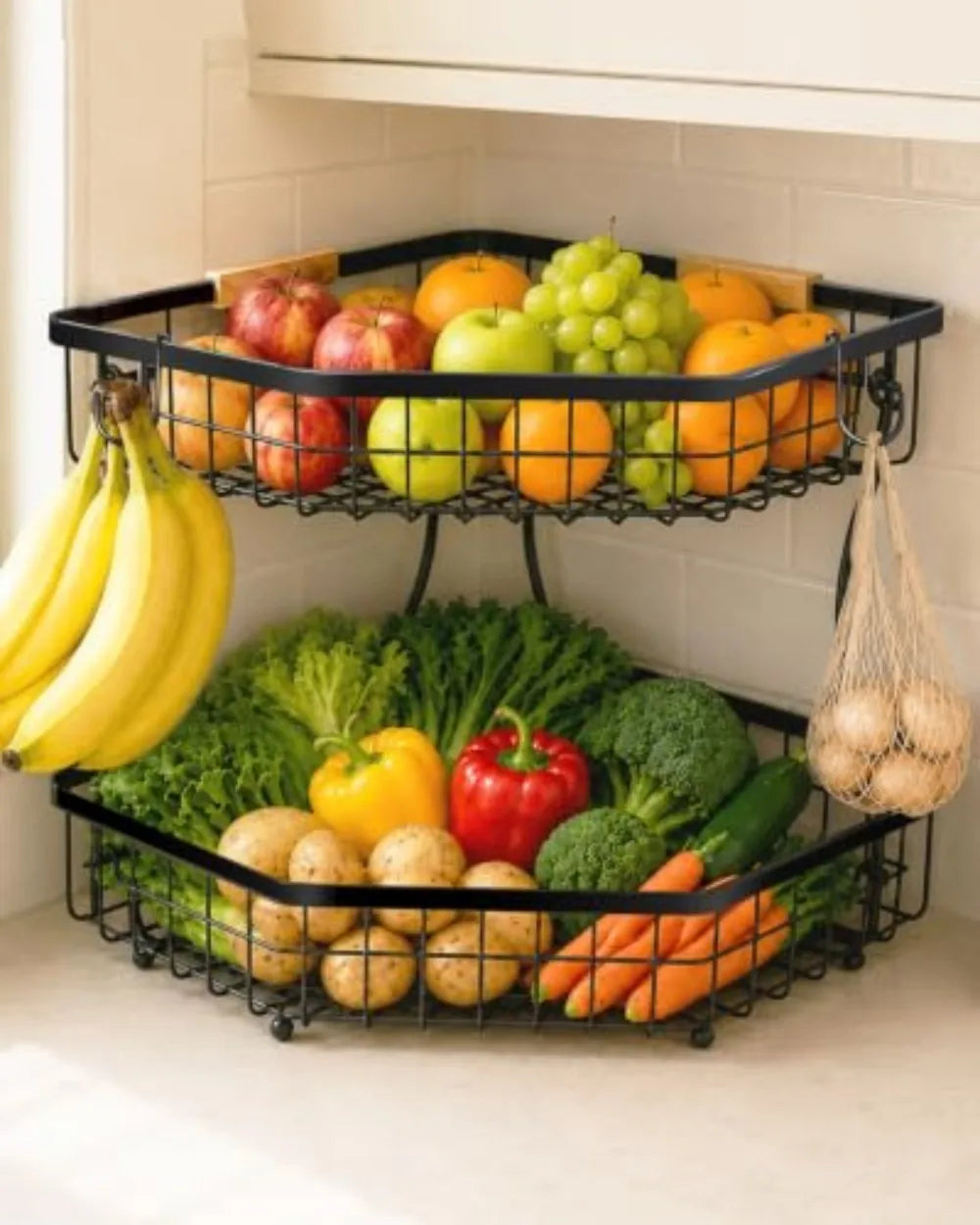 Fruit Storage with Hooks for Kitchen Corner Organizer