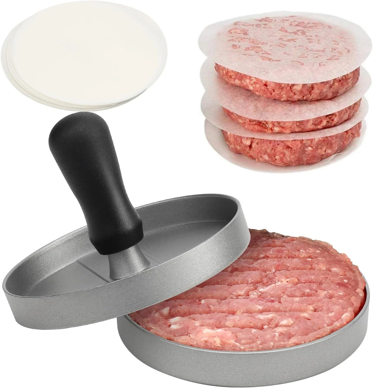 Aluminum Burger Press – Hamburger Patty Maker with Grid Molds for BBQ & Grill. with 100 pcs patty papers.