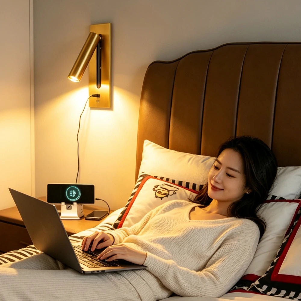 LED Wall Light with USB Charging – Rotating Folding Reading Lamp for Bedroom & Hotel Headboard.
