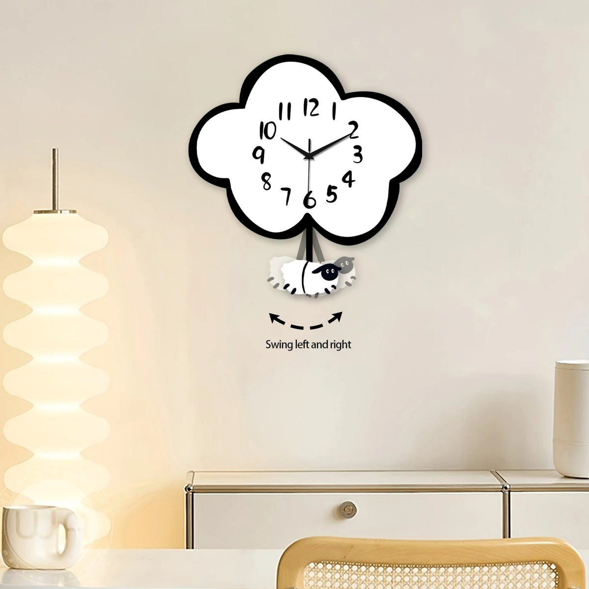 Modern Cute Wooden Cloud Sheep Large Swing Wall Clock