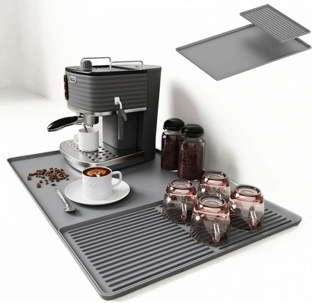 Silicone Coffee Mat with Detachable Dish Drying Mat – Spill-Proof Espresso Bar Mat for Coffee Maker.