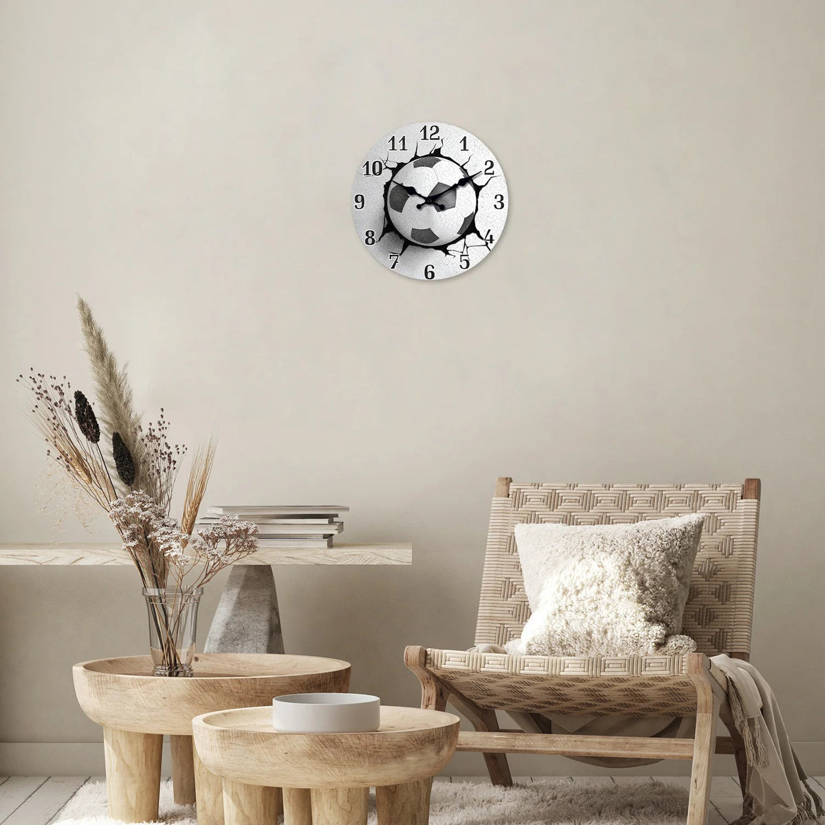 Unique Football Pattern Wooden Wall Clock, Silent Quartz