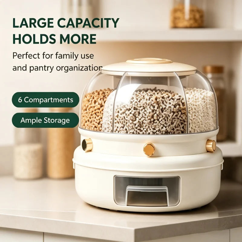 360° Rotating 6-Compartment Cereal Dispenser with Pull-Out Drawer