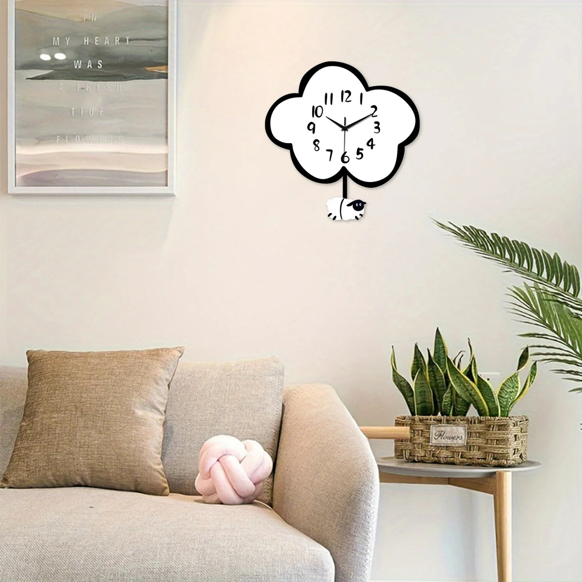 Modern Cute Wooden Cloud Sheep Large Swing Wall Clock