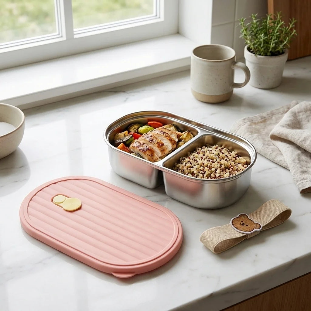 2-Grid Bento Lunch Box – Portable Stainless Steel Divided Food Container for Kids & Students, 800ml .