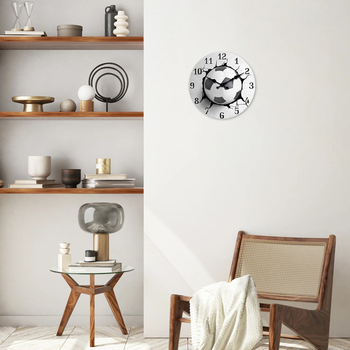 Unique Football Pattern Wooden Wall Clock, Silent Quartz