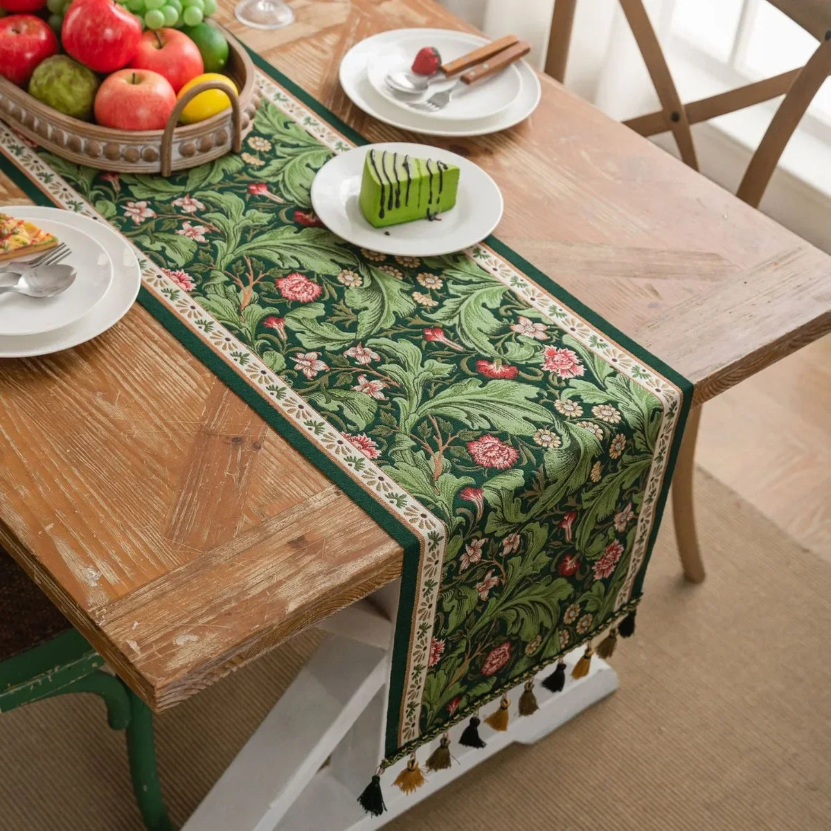 Floral Plant Table Runner with Tassels