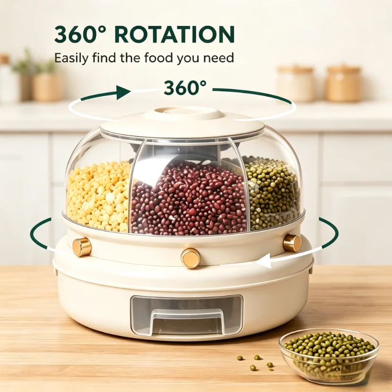 360° Rotating 6-Compartment Cereal Dispenser with Pull-Out Drawer