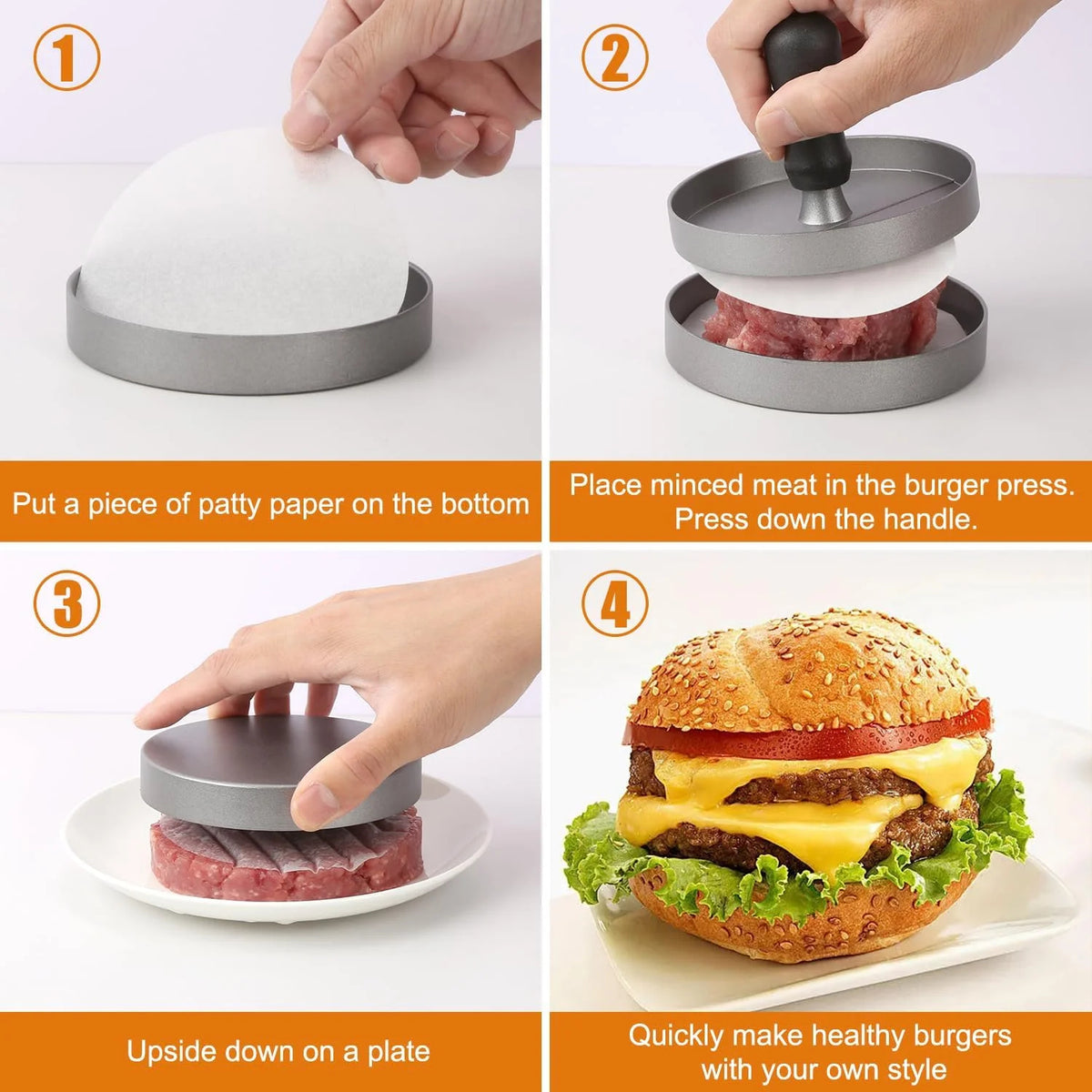Aluminum Burger Press – Hamburger Patty Maker with Grid Molds for BBQ & Grill. with 100 pcs patty papers.