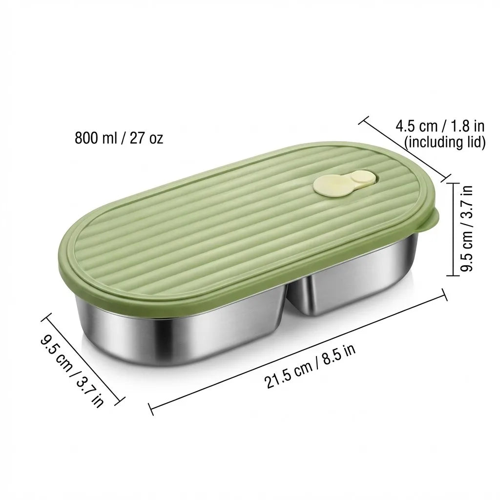 2-Grid Bento Lunch Box – Portable Stainless Steel Divided Food Container for Kids & Students, 800ml .