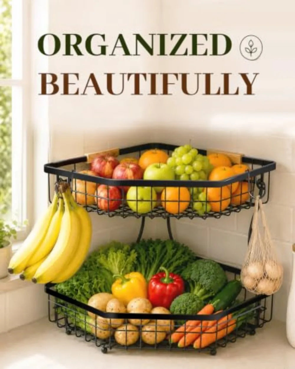 Fruit Storage with Hooks for Kitchen Corner Organizer