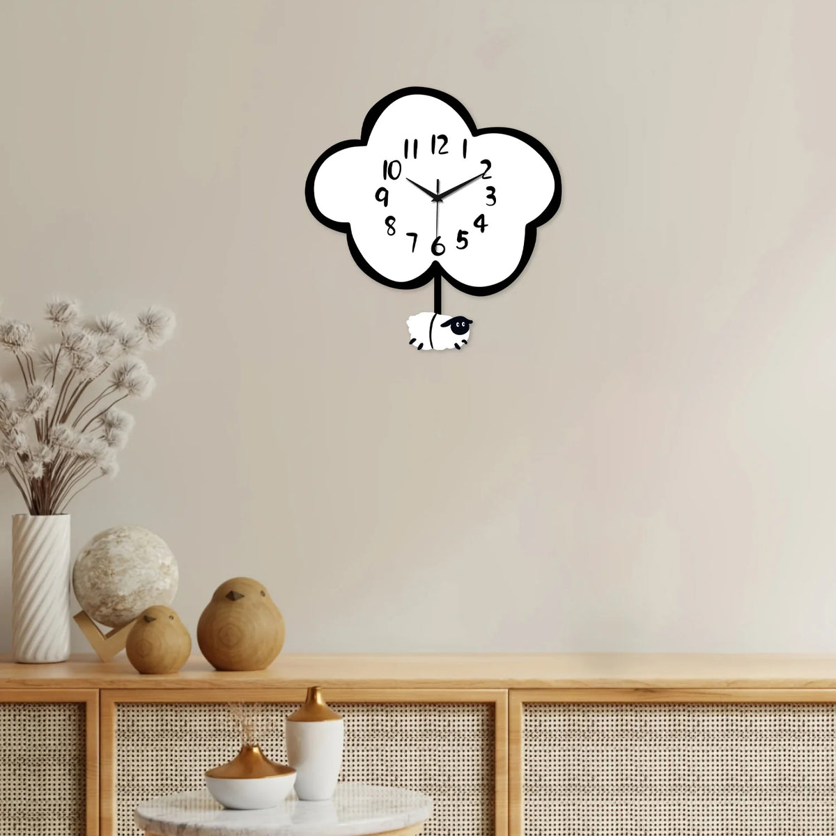 Modern Cute Wooden Cloud Sheep Large Swing Wall Clock