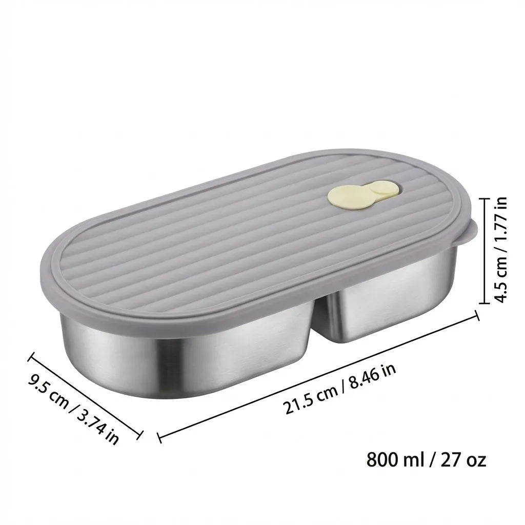 2-Grid Bento Lunch Box – Portable Stainless Steel Divided Food Container for Kids & Students, 800ml .