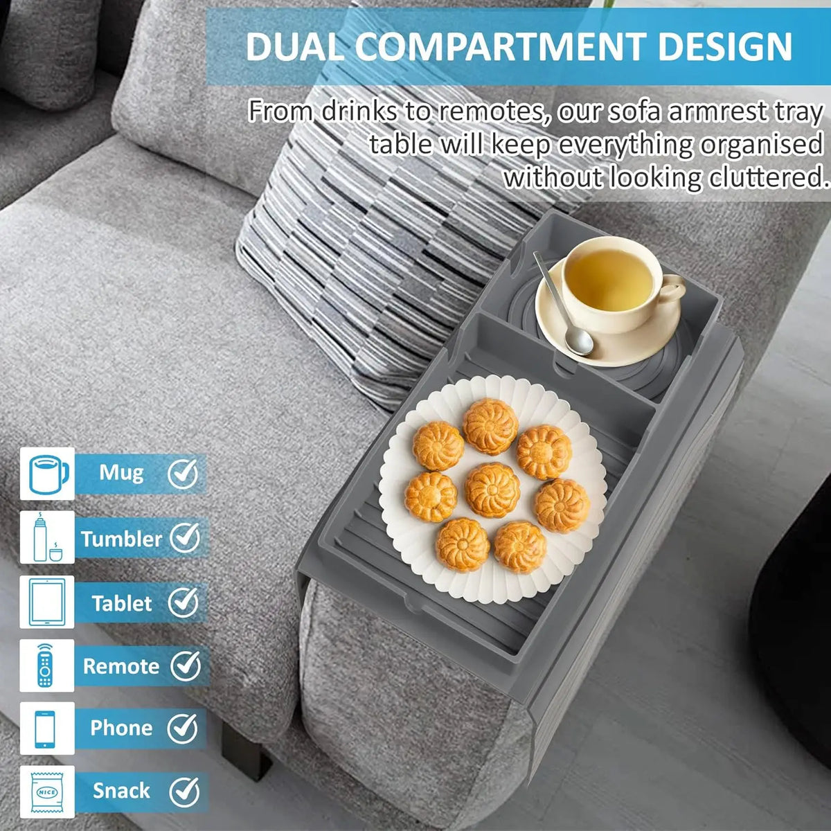 Silicone Sofa Armrest Tray Organizer – Couch Arm Rest Cup Holder for Remote, Phone & Snacks.
