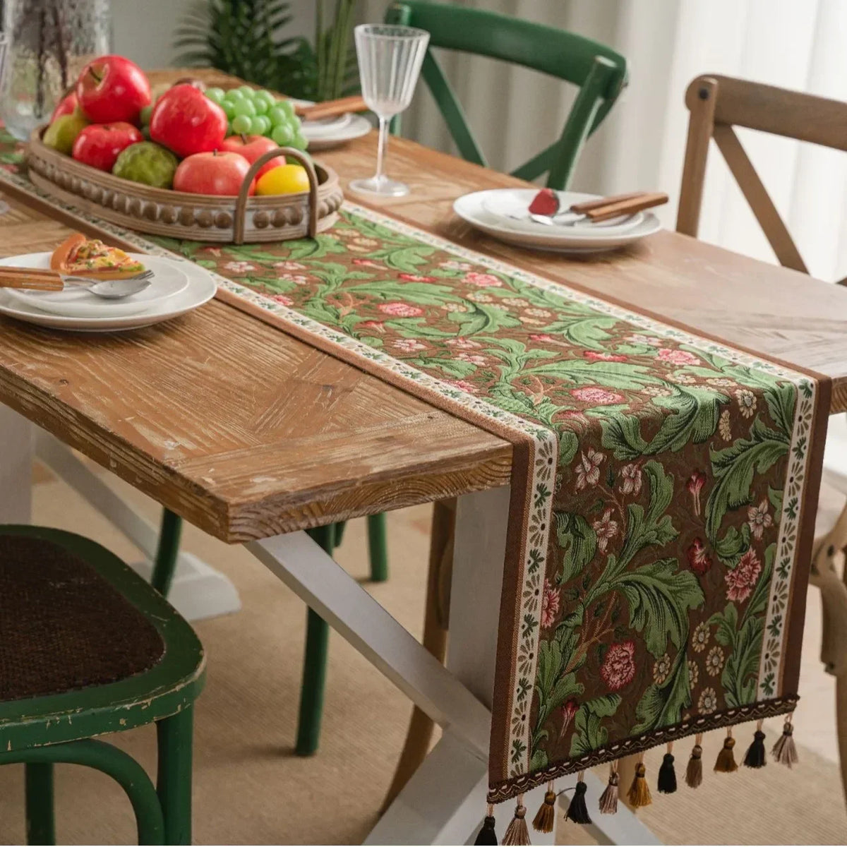 Floral Plant Table Runner with Tassels