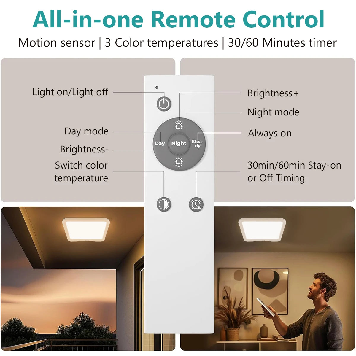 Motion Sensor Ceiling Light with Remote - 3 Color Modes