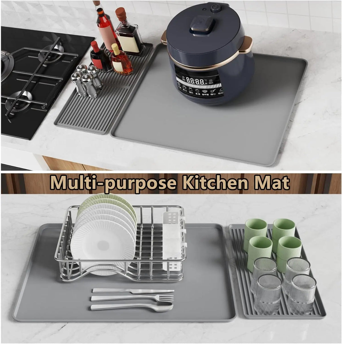 Silicone Coffee Mat with Detachable Dish Drying Mat – Spill-Proof Espresso Bar Mat for Coffee Maker.