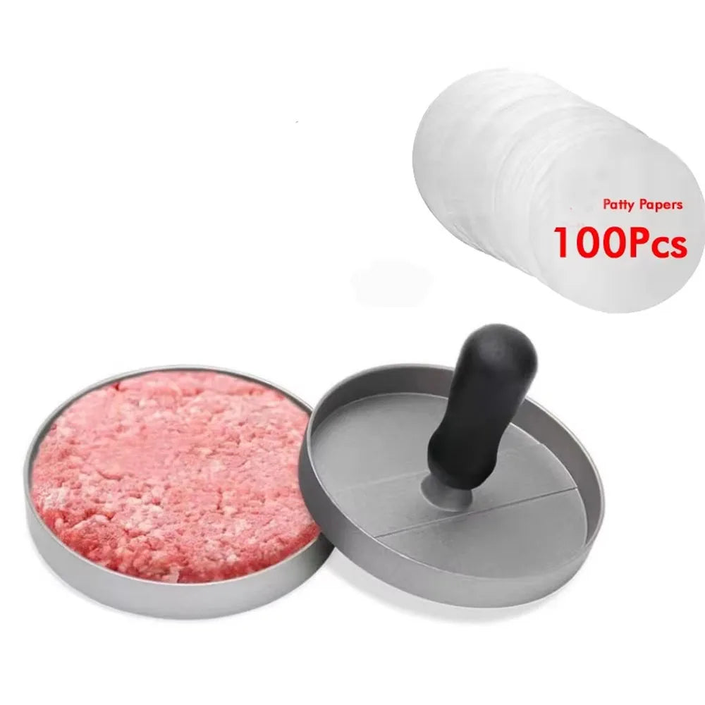 Aluminum Burger Press – Hamburger Patty Maker with Grid Molds for BBQ & Grill. with 100 pcs patty papers.
