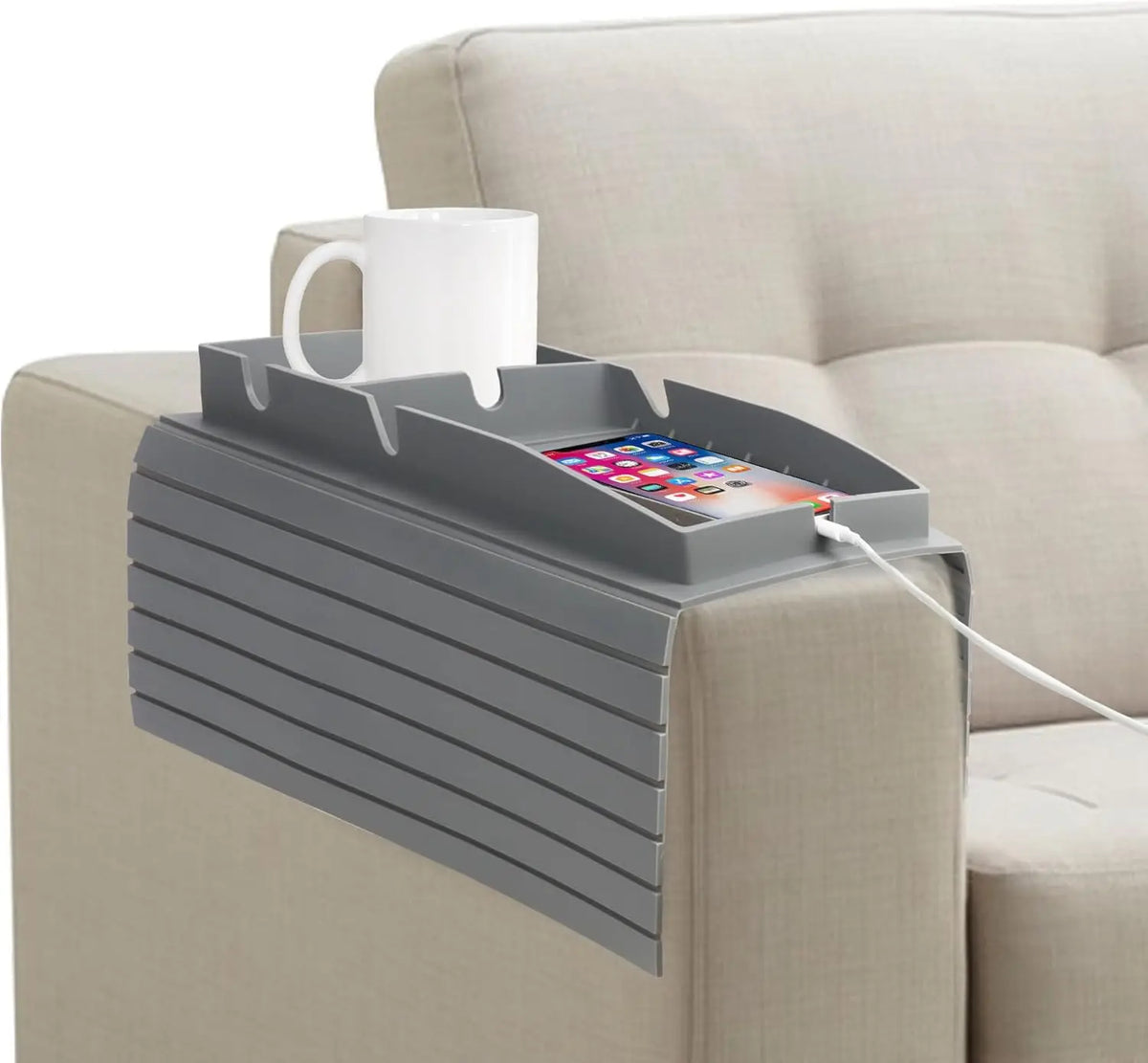 Silicone Sofa Armrest Tray Organizer – Couch Arm Rest Cup Holder for Remote, Phone & Snacks.