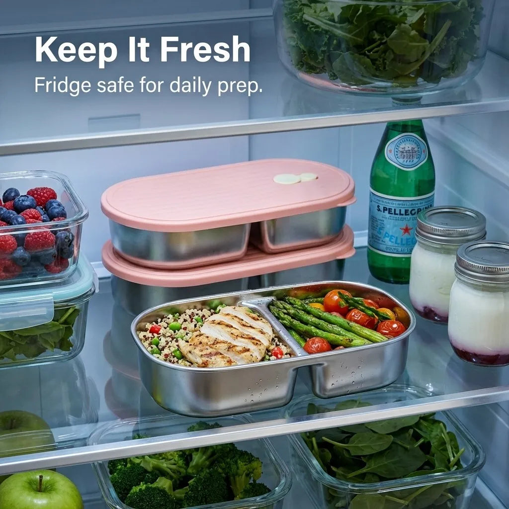 2-Grid Bento Lunch Box – Portable Stainless Steel Divided Food Container for Kids & Students, 800ml .