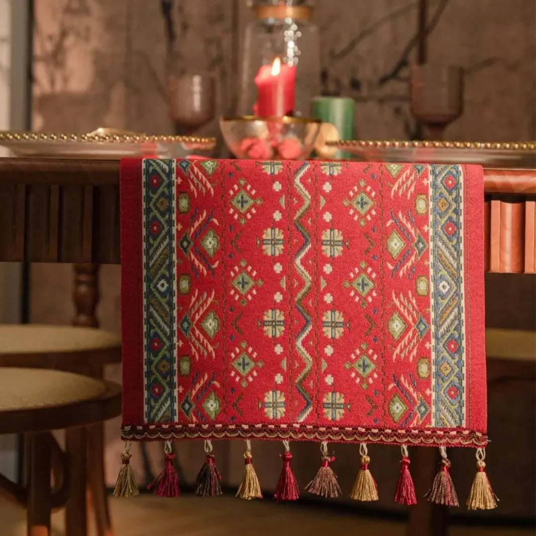 Floral Plant Table Runner with Tassels