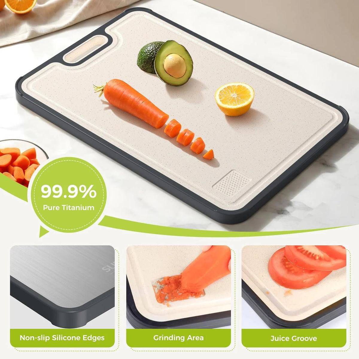 Double-Sided Titanium Cutting Board – Food Grade Wheat Straw PP Chopping Board for Kitchen.