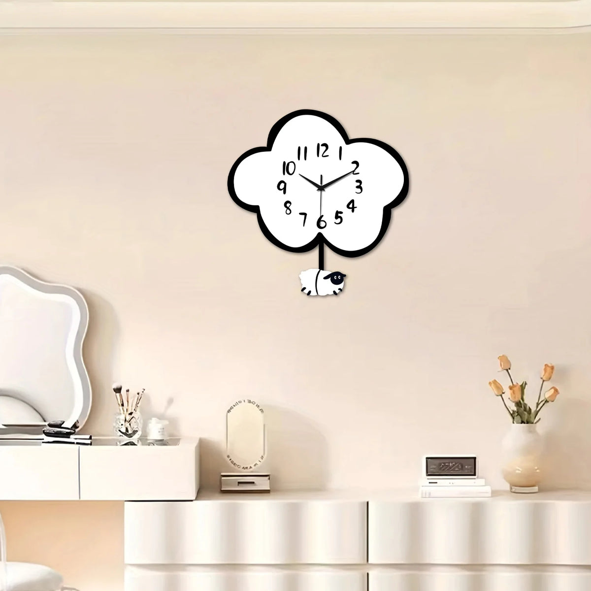 Modern Cute Wooden Cloud Sheep Large Swing Wall Clock