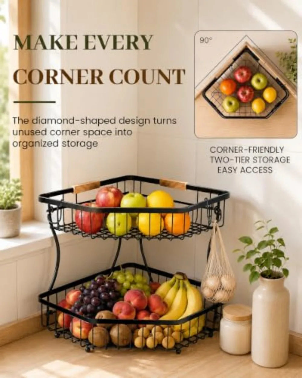 Fruit Storage with Hooks for Kitchen Corner Organizer