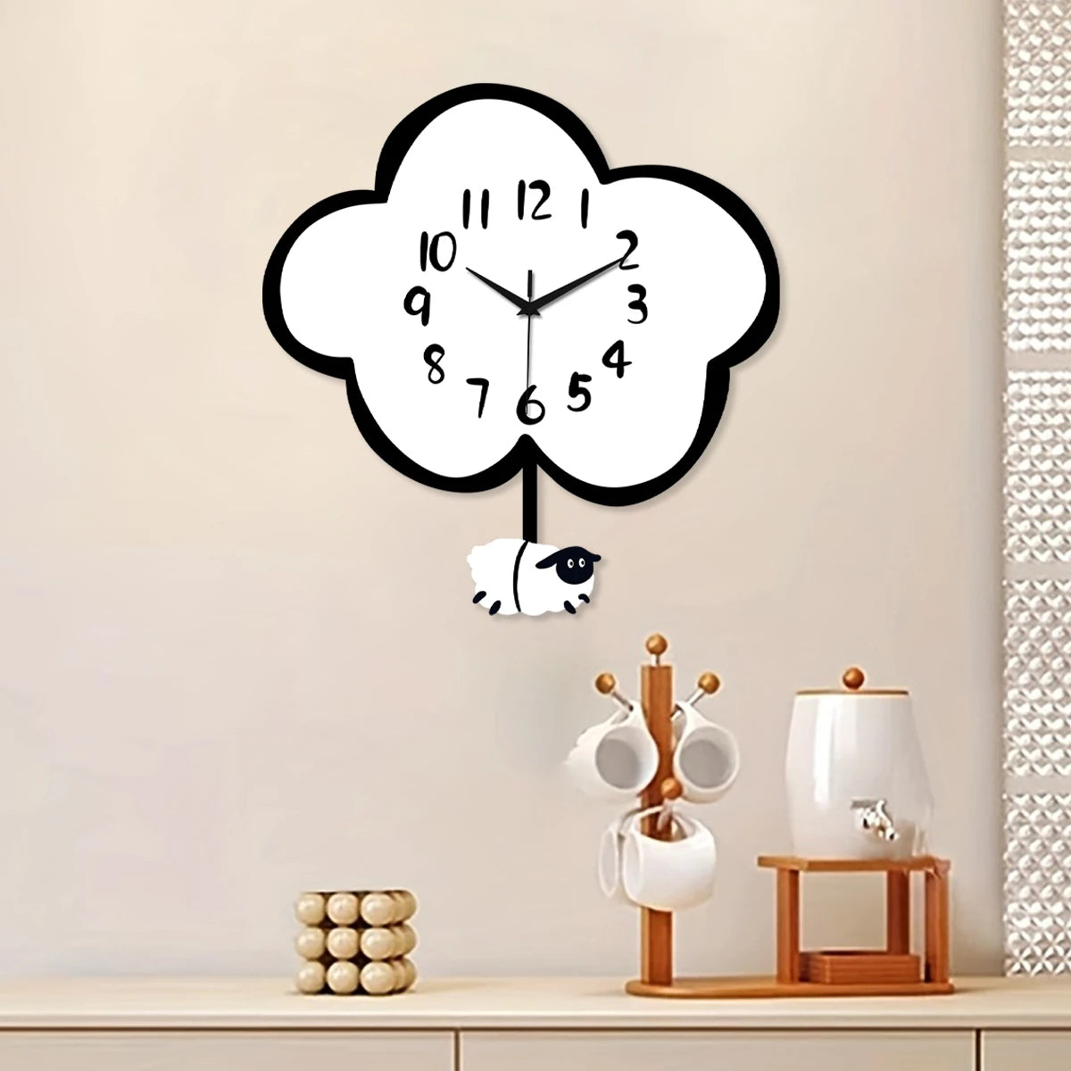 Modern Cute Wooden Cloud Sheep Large Swing Wall Clock
