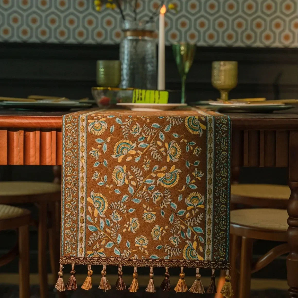Floral Plant Table Runner with Tassels