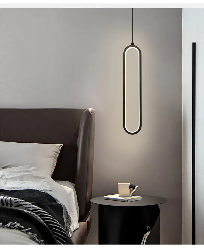 Oval LED Pendant Light – Modern Black Ring Hanging Lamp for Kitchen & Foyer.