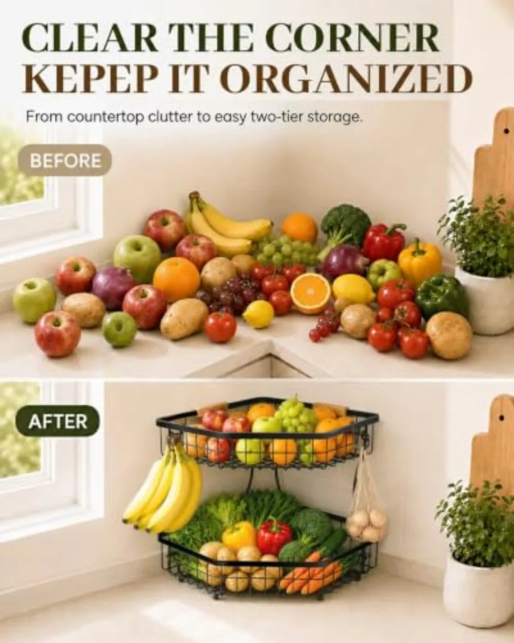 Fruit Storage with Hooks for Kitchen Corner Organizer
