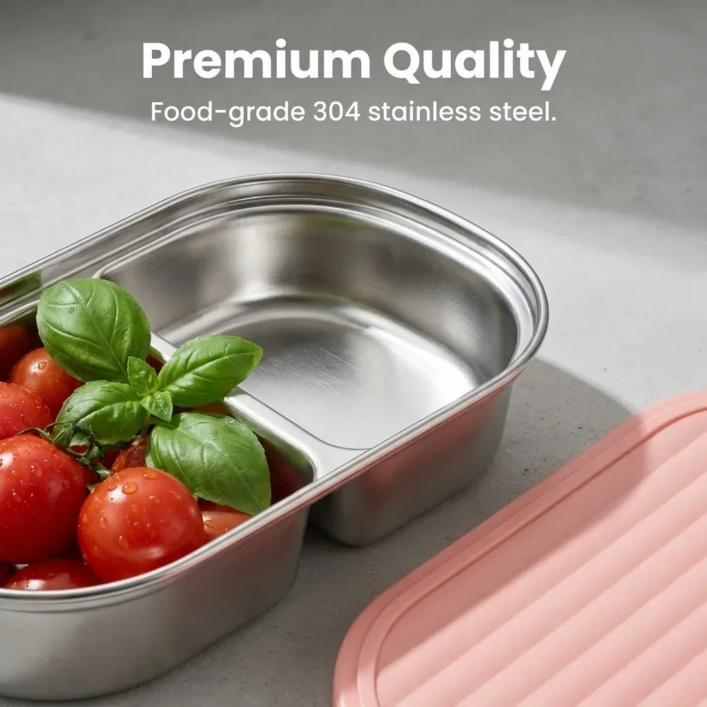 2-Grid Bento Lunch Box – Portable Stainless Steel Divided Food Container for Kids & Students, 800ml .