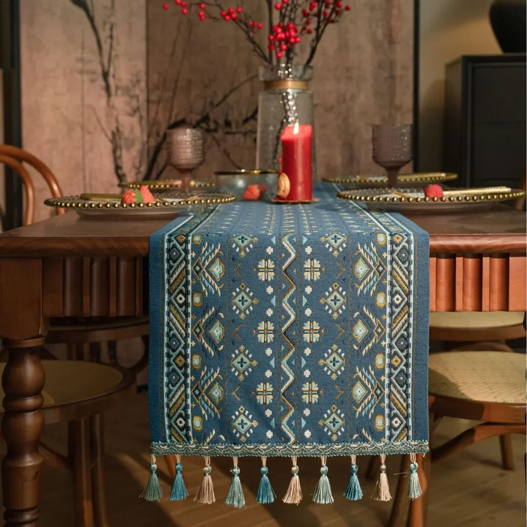 Floral Plant Table Runner with Tassels