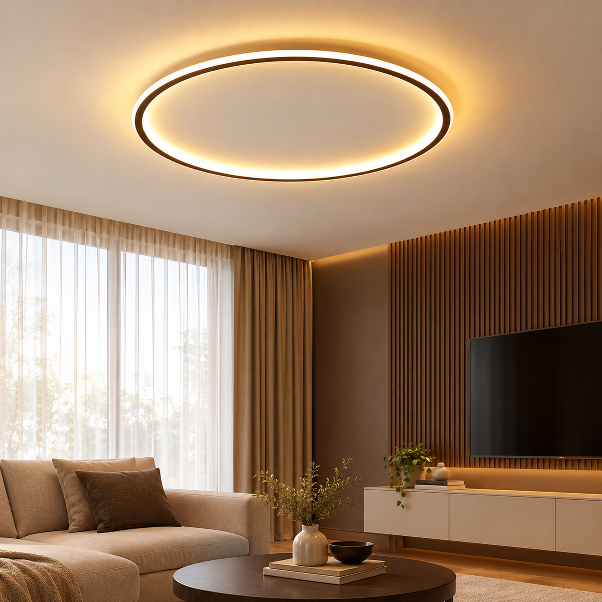 Modern Round LED Ceiling Light with Remote Control | Dimmable Chandelier for Living Room & Bedroom, Warm White/Daylight.