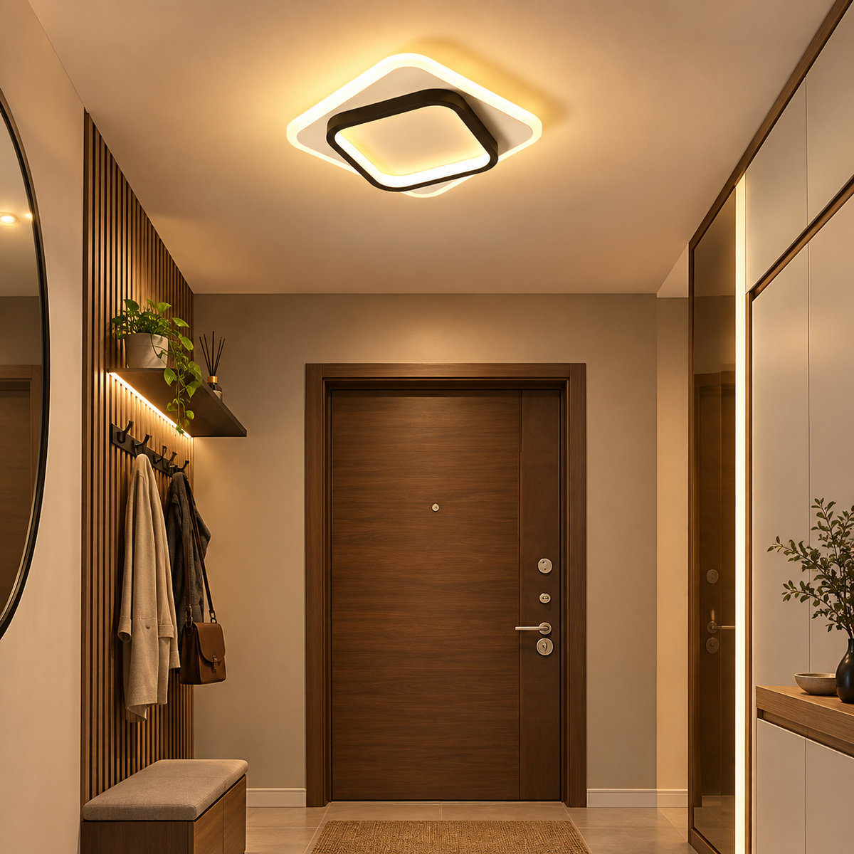 Round Flush Mount LED Ceiling Light | Modern Chandelier for Bedroom, Bathroom, Corridor & Foyer, Black & Gold Finishes.