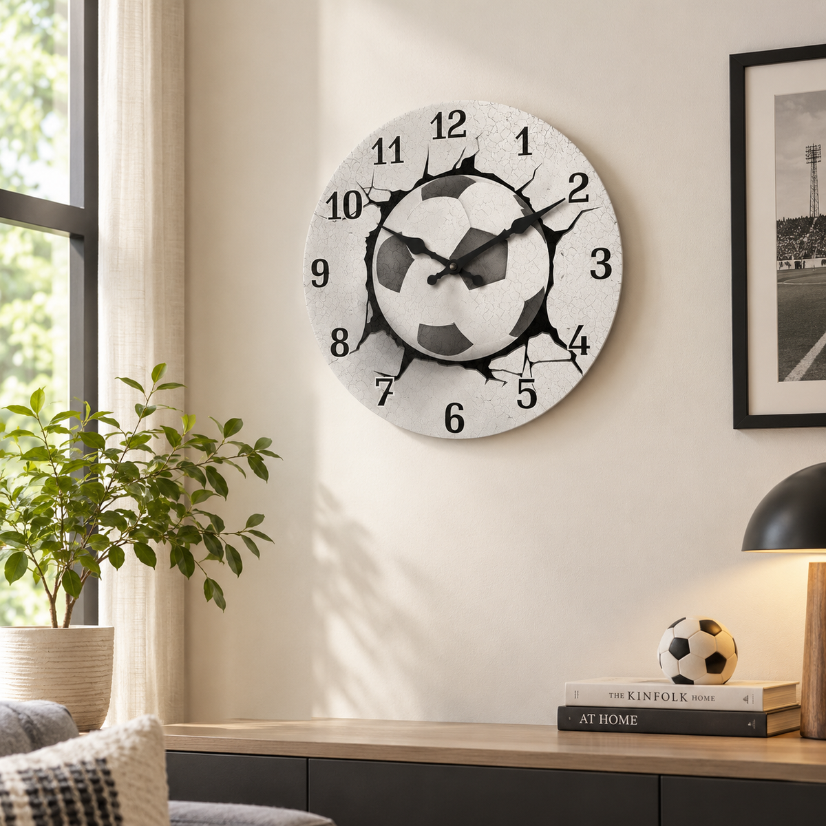 Unique Football Pattern Wooden Wall Clock, Silent Quartz
