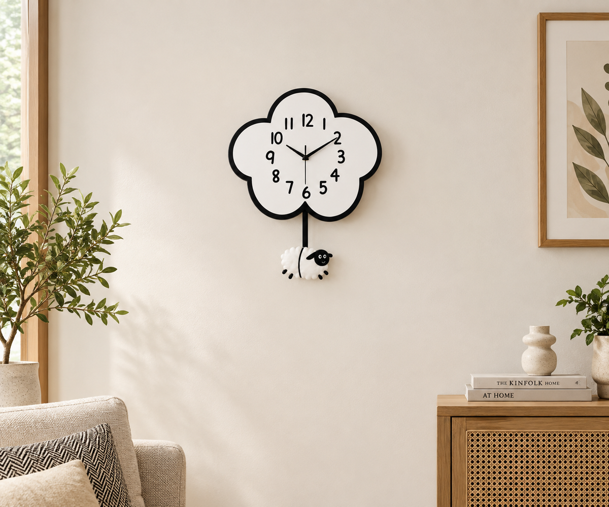 Modern Cute Wooden Cloud Sheep Large Swing Wall Clock