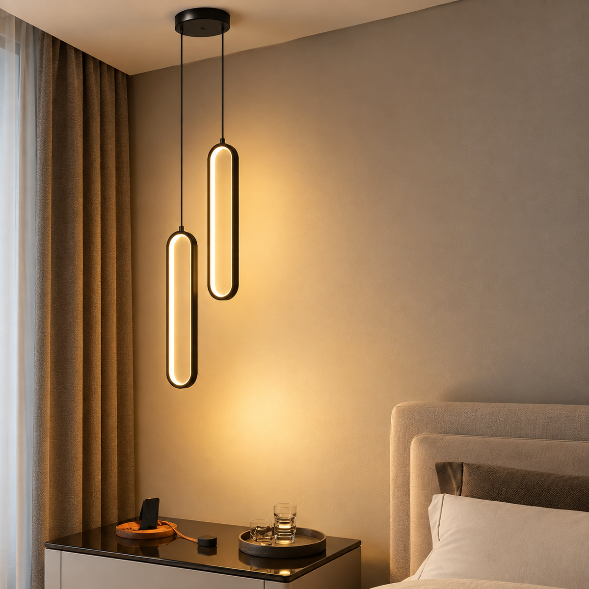 Oval LED Pendant Light – Modern Black Ring Hanging Lamp for Kitchen & Foyer.