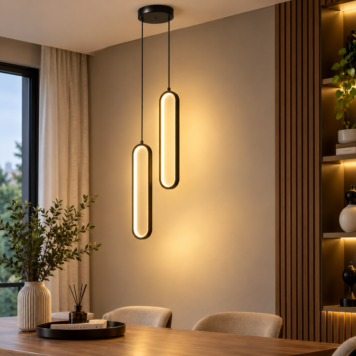 Oval LED Pendant Light – Modern Black Ring Hanging Lamp for Kitchen & Foyer.