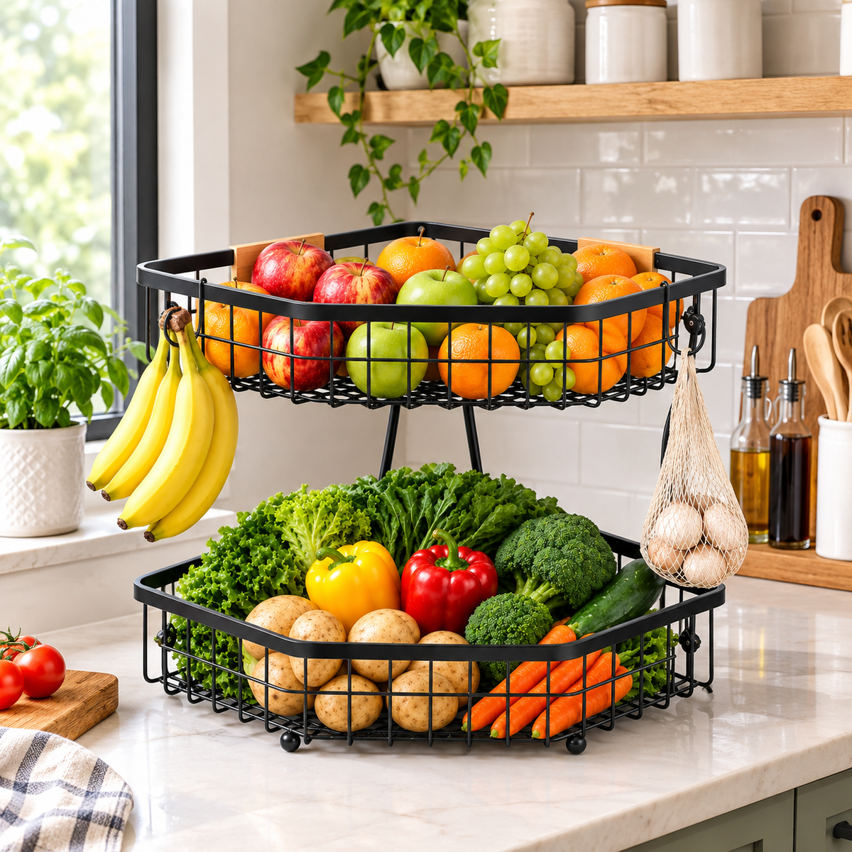 Fruit Storage with Hooks for Kitchen Corner Organizer