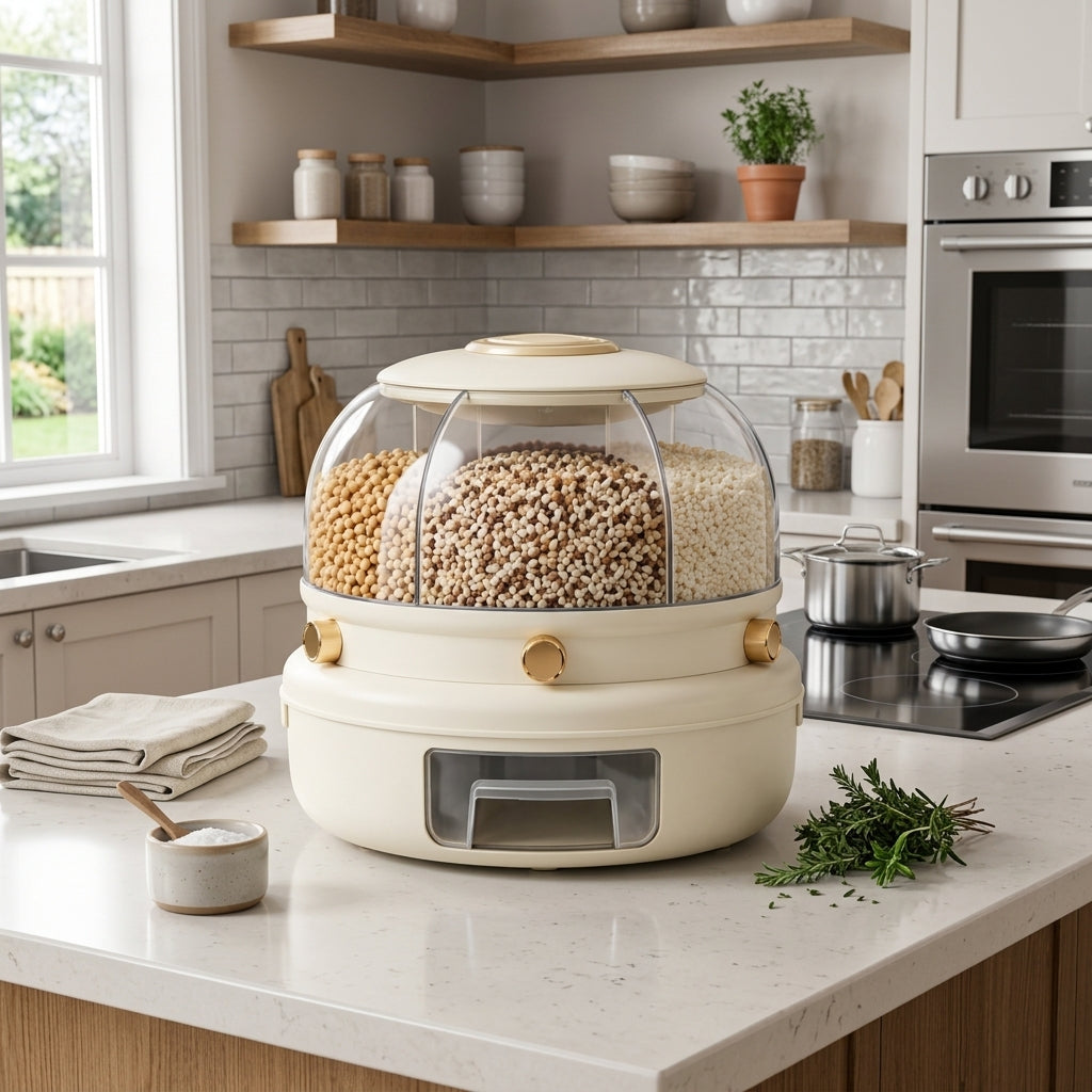 360° Rotating 6-Compartment Cereal Dispenser with Pull-Out Drawer