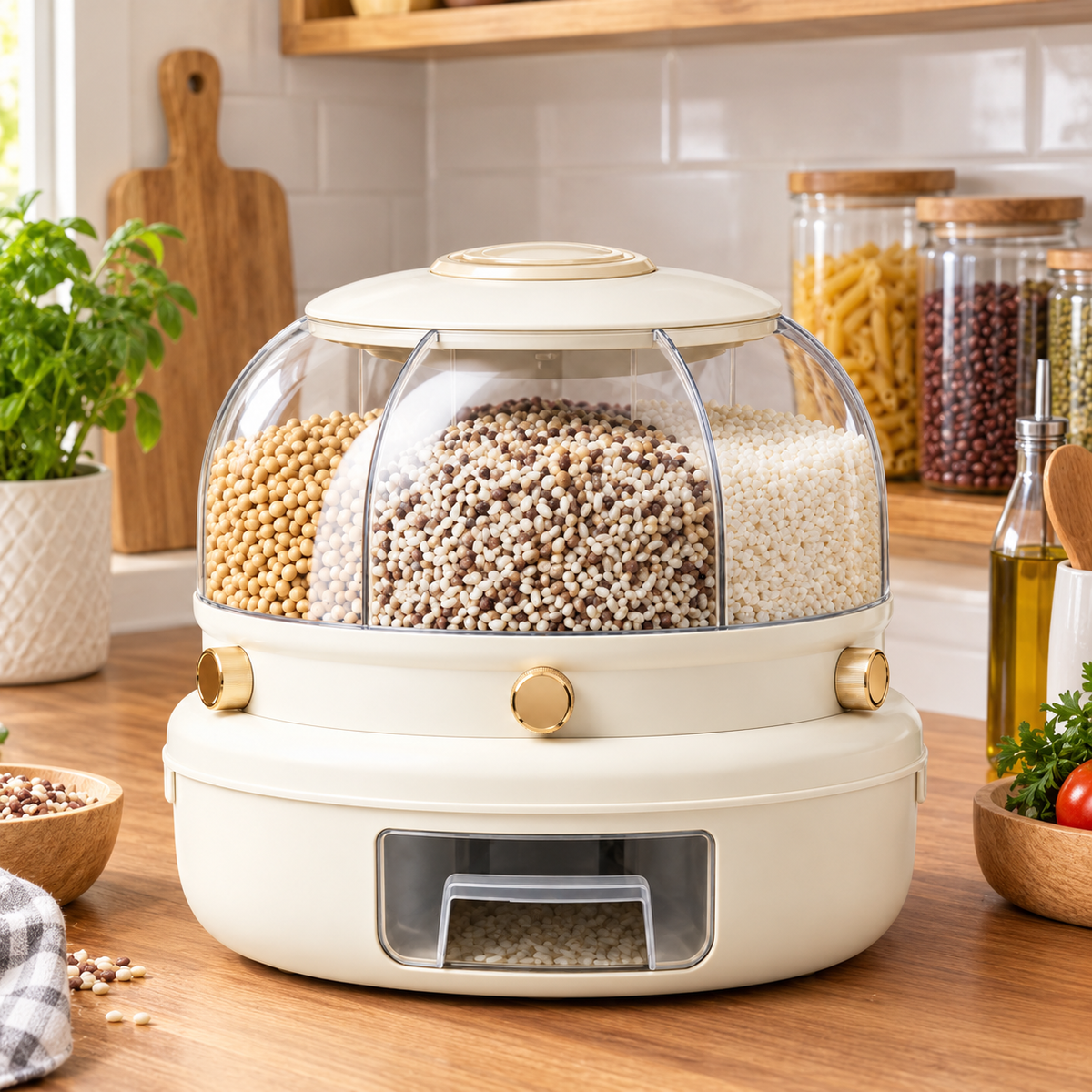 360° Rotating 6-Compartment Cereal Dispenser with Pull-Out Drawer
