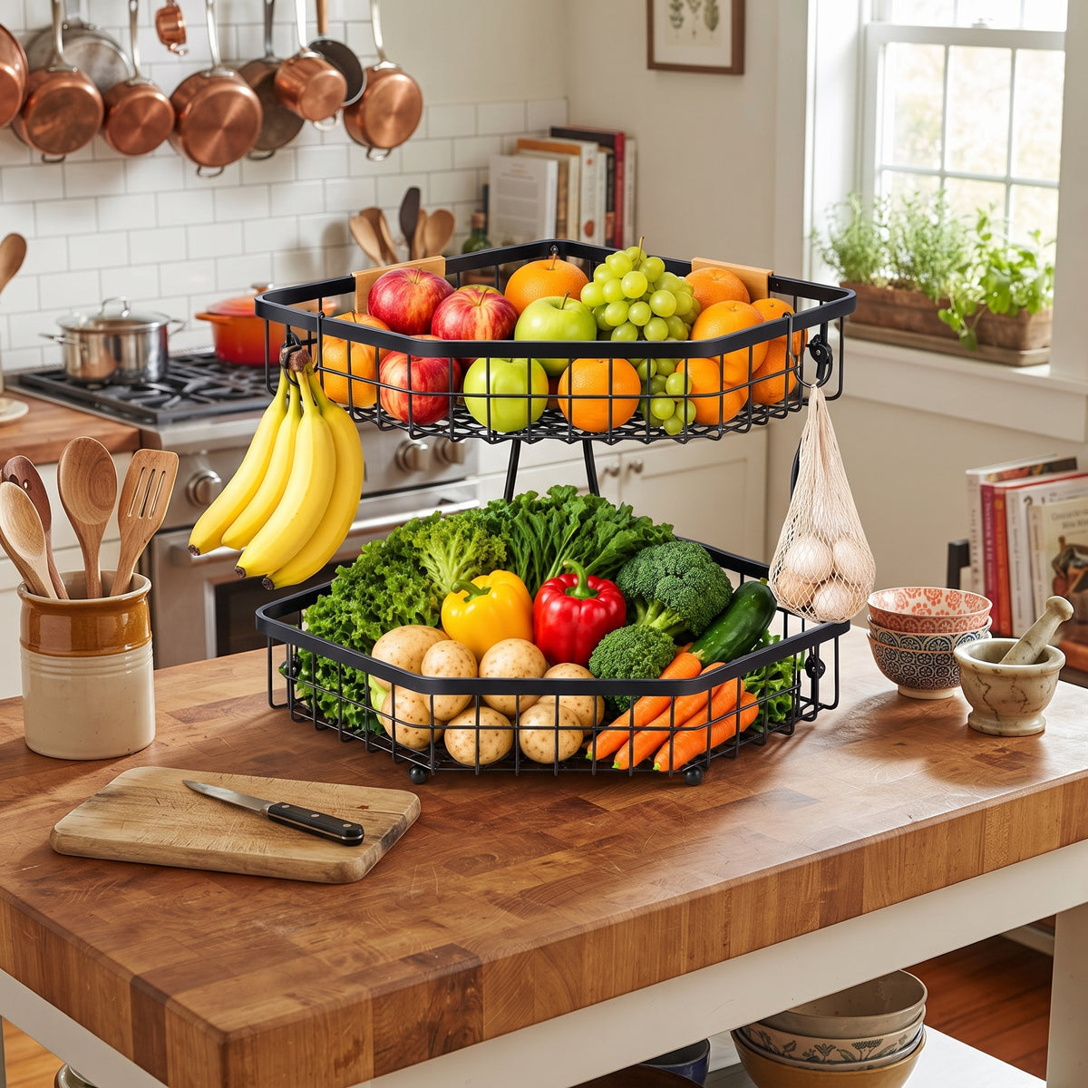 Fruit Storage with Hooks for Kitchen Corner Organizer