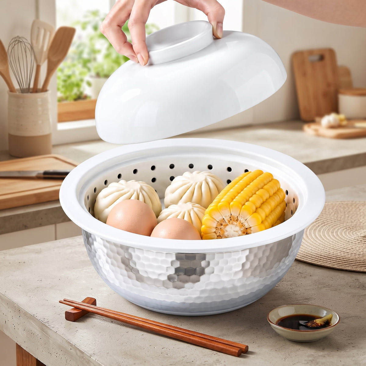 Perforated Porcelain Steaming - Steamer Bowl with Lid