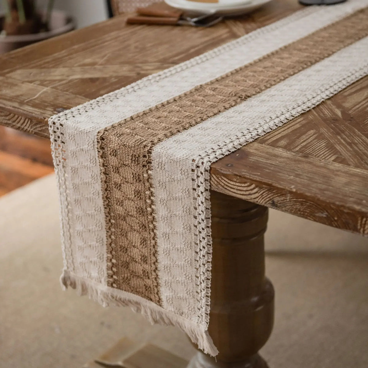 Jute & Cotton Woven Table Runner with Tassels – Striped Boho Wedding Table Decor