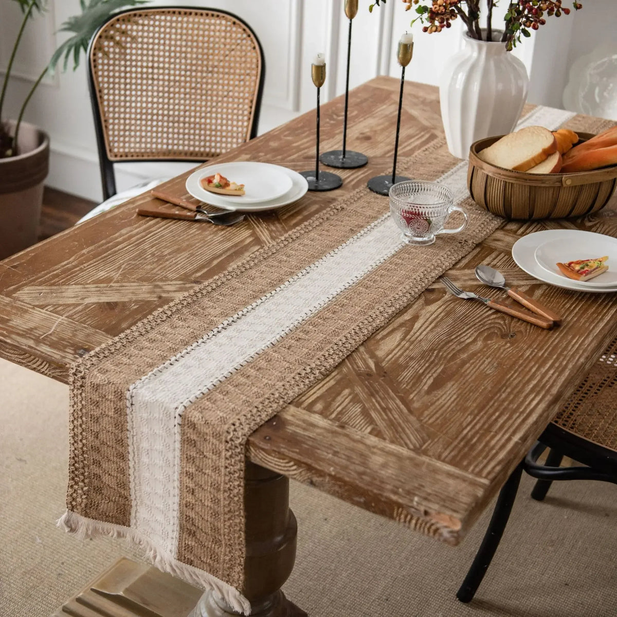 Jute & Cotton Woven Table Runner with Tassels – Striped Boho Wedding Table Decor