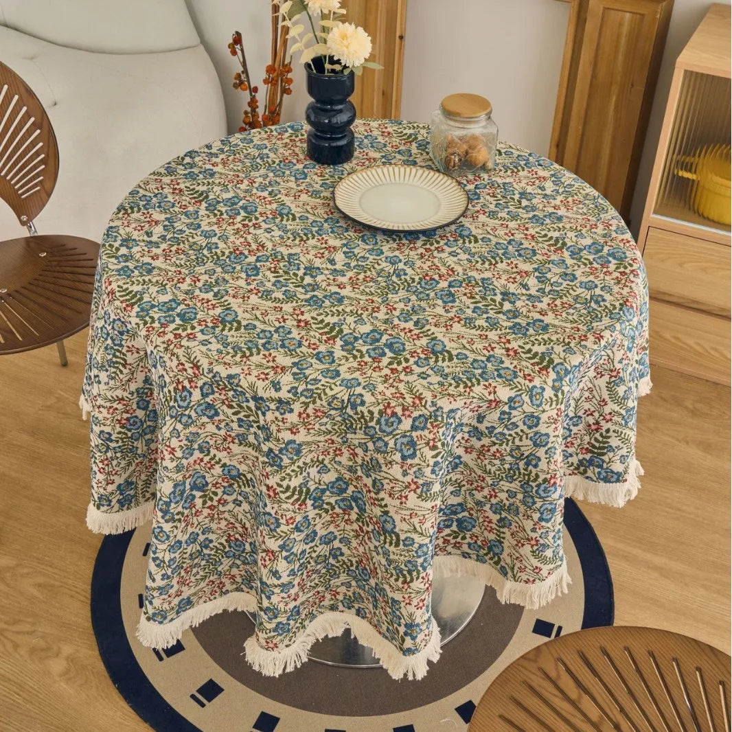 Vintage Cotton Linen Blend Table Cover with Tassels
